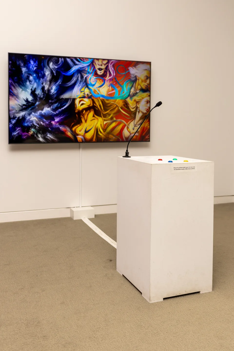 A microphone and colored buttons on a white pedestal face a screen of colorful generated imagery.