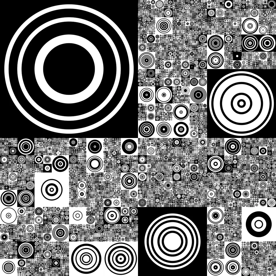 Black and white circles nested within a grid in a CiAo composition