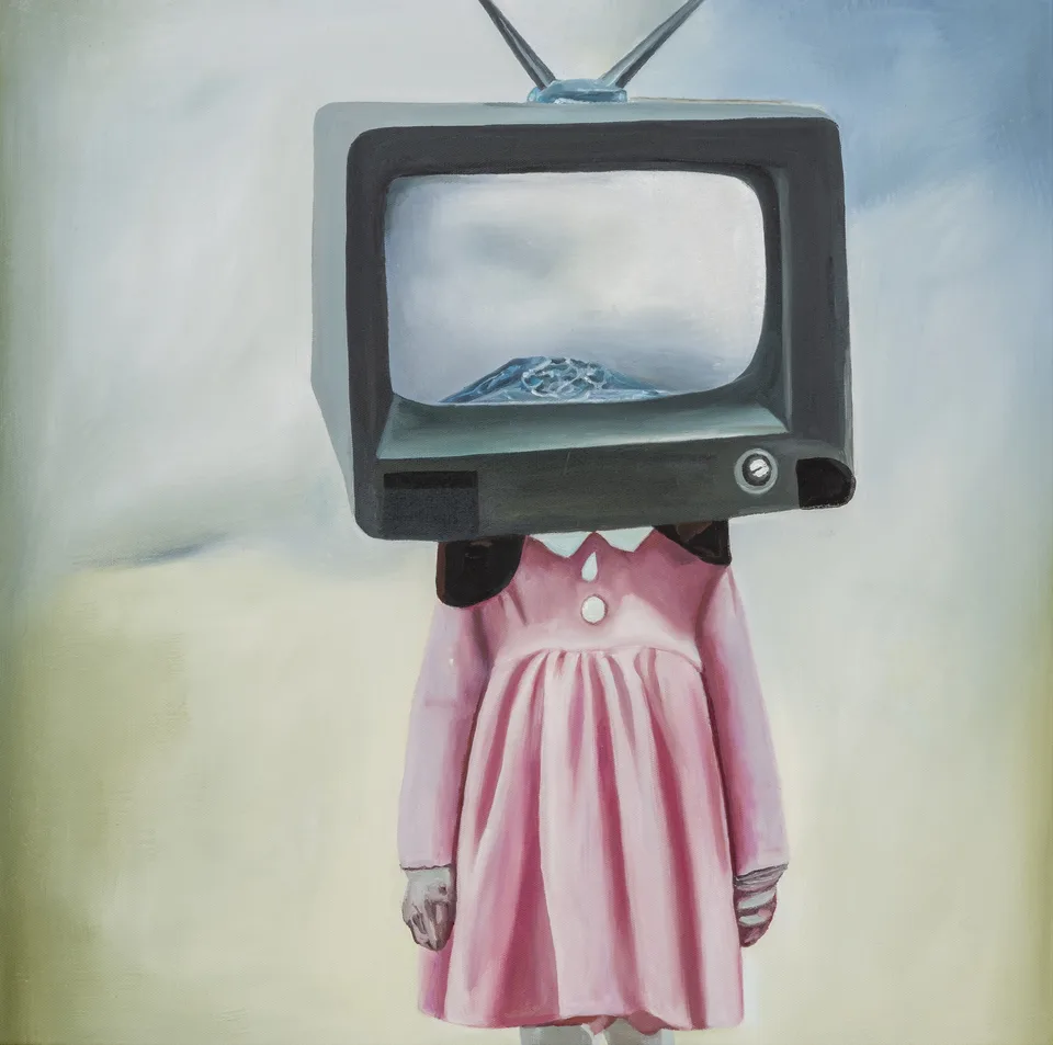 A child-sized figure in a pink dress has a television for a head, its screen showing a mountain beneath a cloudy sky.
