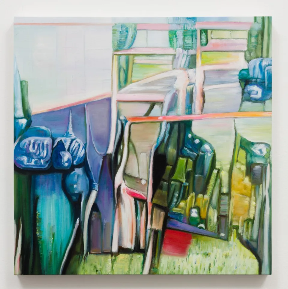 A Bunch of Different Types of Scissors on a Table, an oil painting with distorted blades and handles in pale green, blue and pink.
