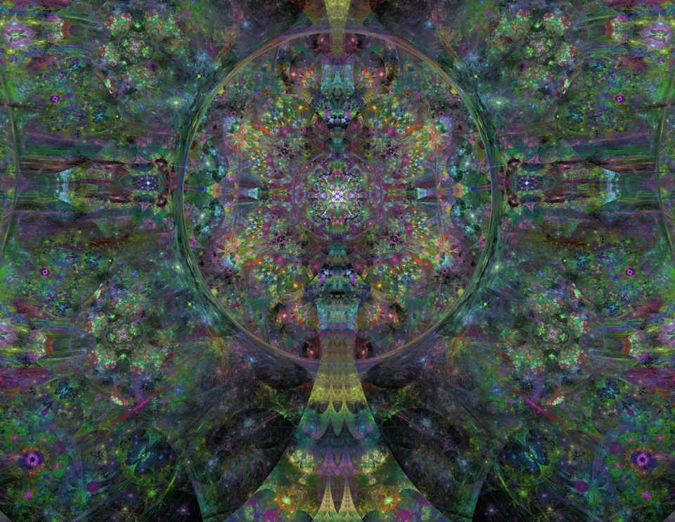 A dense, symmetrical field of green, blue, violet and red patterns surrounds a large central oval.