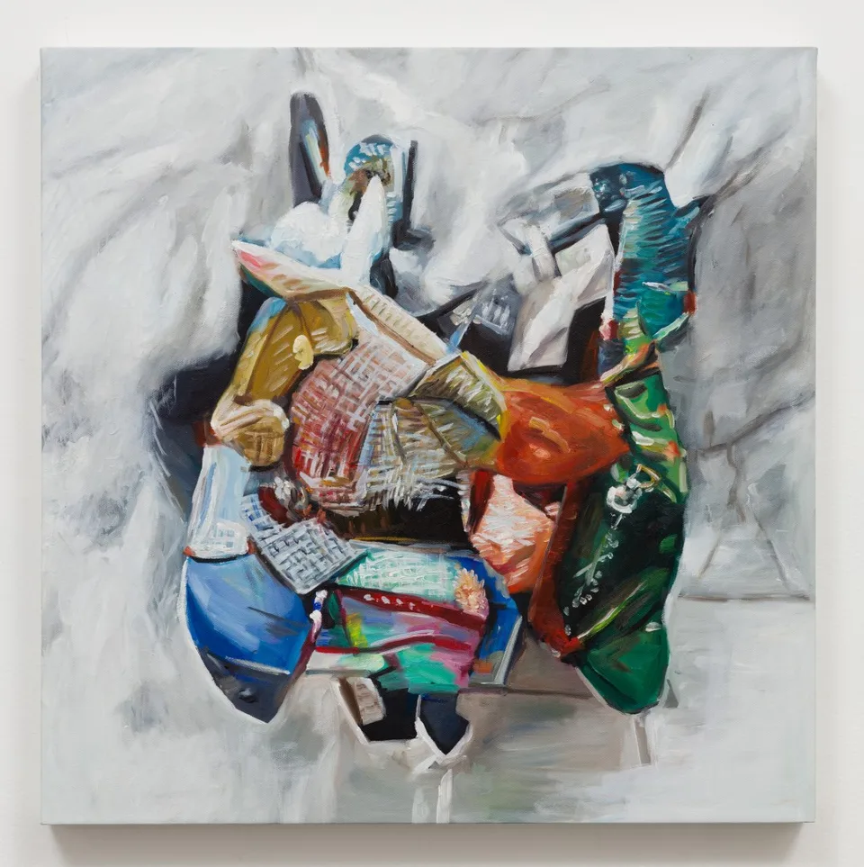 An oil painting of a compact pile of distorted containers and printed objects on a pale ground.