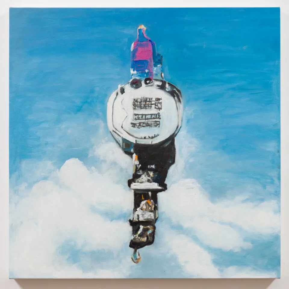 An oil painting of an elongated mechanical watch-like object suspended against blue sky and clouds.