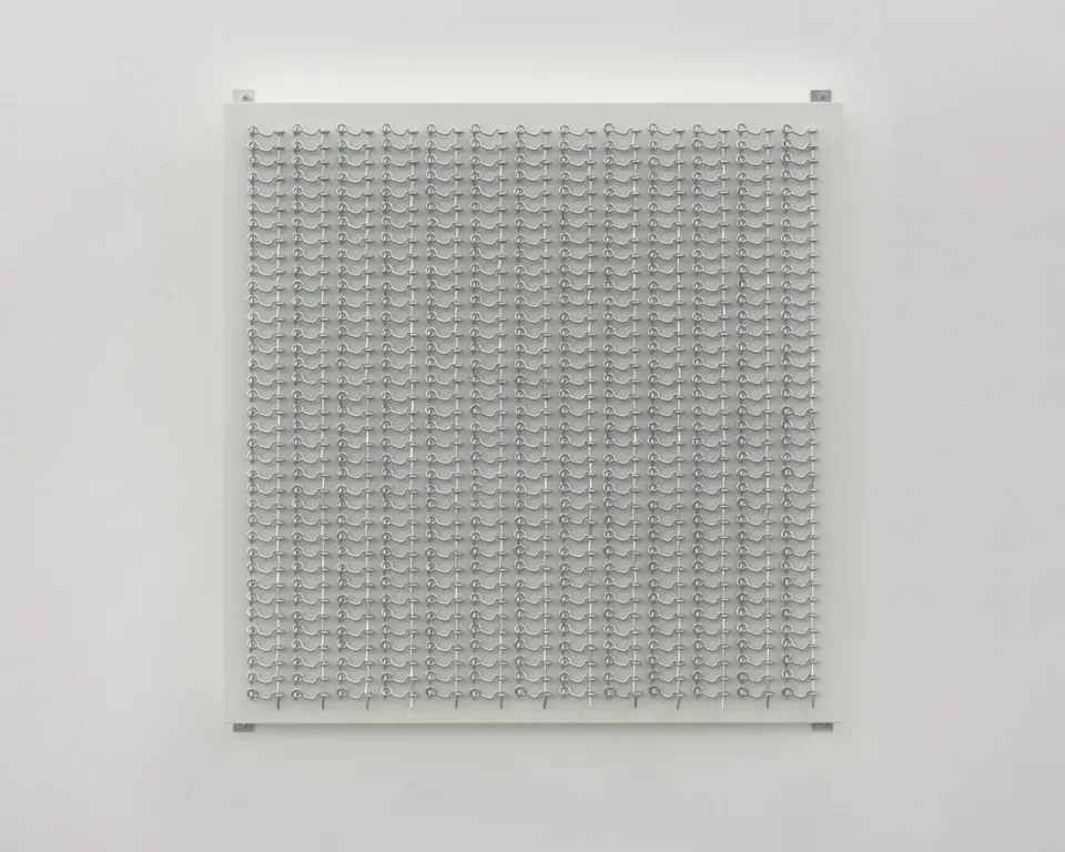 Front view of a grid of small metal hooks