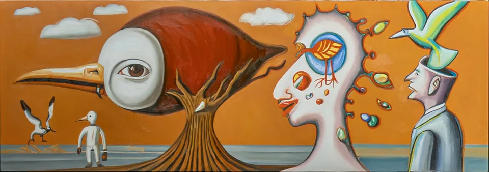Birdlike heads, pale figures, clouds, and a branching trunk fill a wide painting against an orange background.