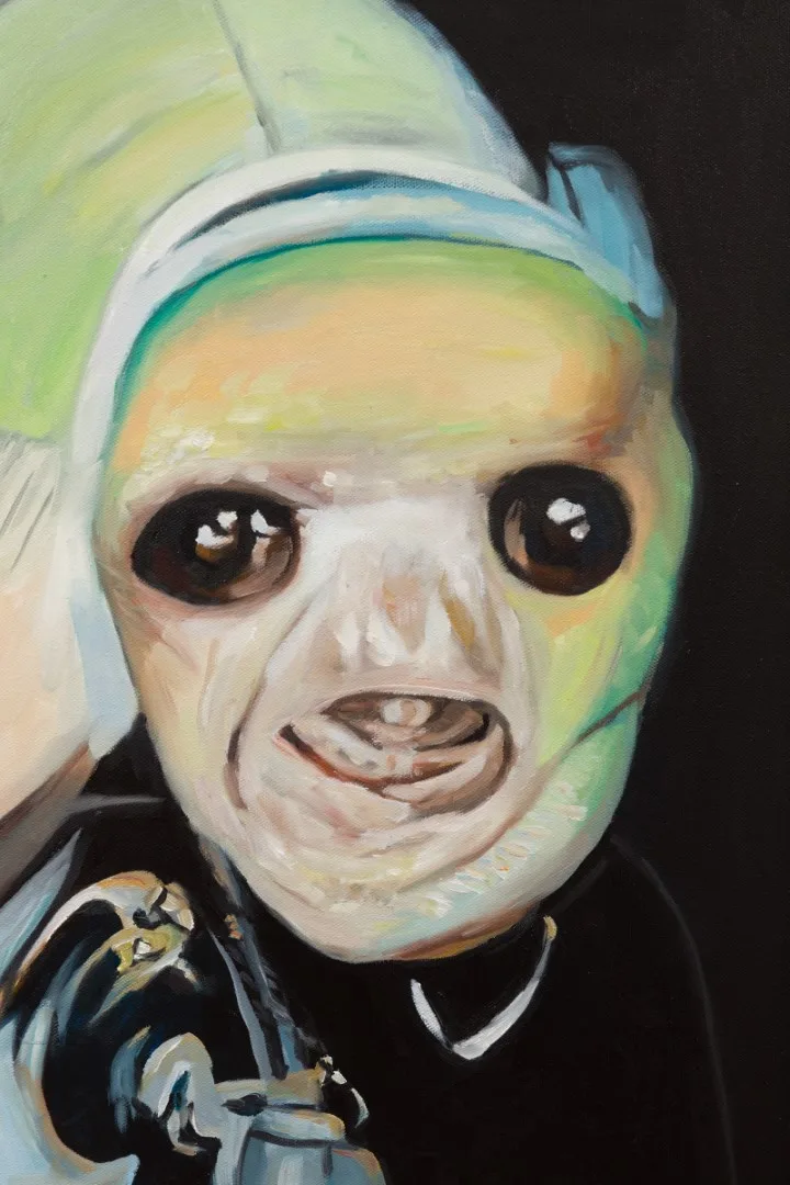 Detail of a painted figure in a pale green cap with exaggerated dark eyes and an elongated face.