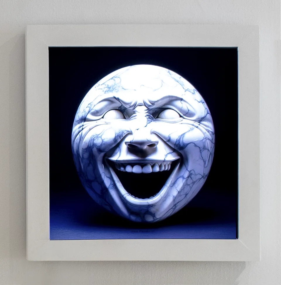 A white-framed screen shows a blue-and-white veined sphere with a laughing face against a dark background.
