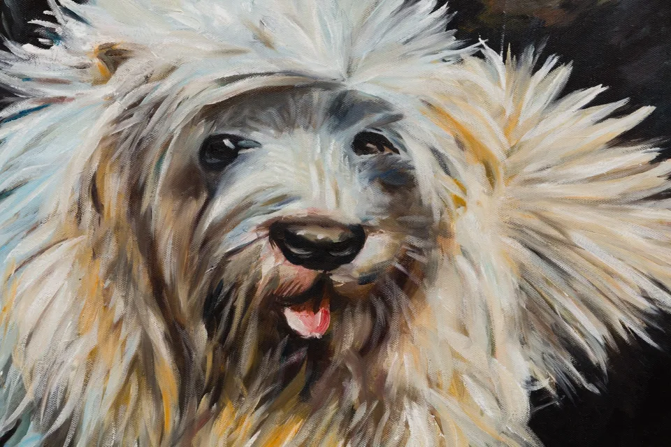 Detail of a shaggy painted animal-like face with pale brushstrokes around dark eyes and a muzzle.