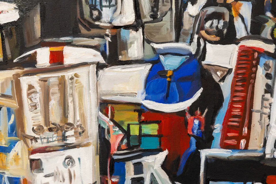 A close detail of containers, boxes and loose brushwork in the store-display painting.
