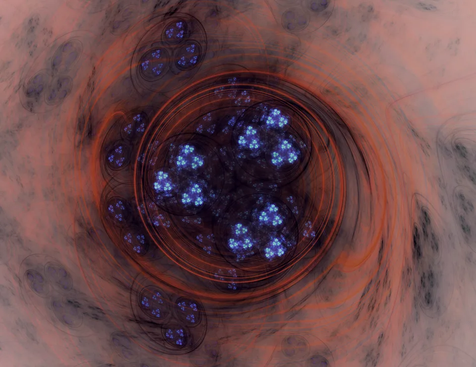 Dark circular loops enclose clusters of small blue forms against a smoky rust-red field.