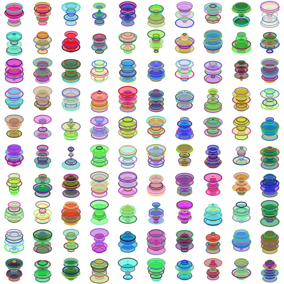Rows of small, stacked multicolored rings generated in CiAo
