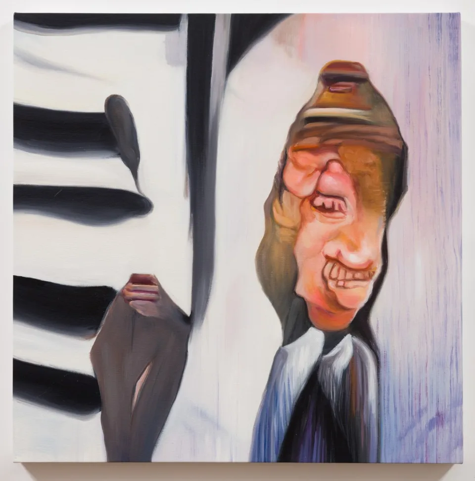 An oil painting of an elongated, repeated face wearing a brown hat beside black-and-white stripes.