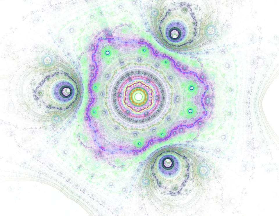 Three blue-green circular forms surround a larger central ring edged with pale violet and bright green dots.