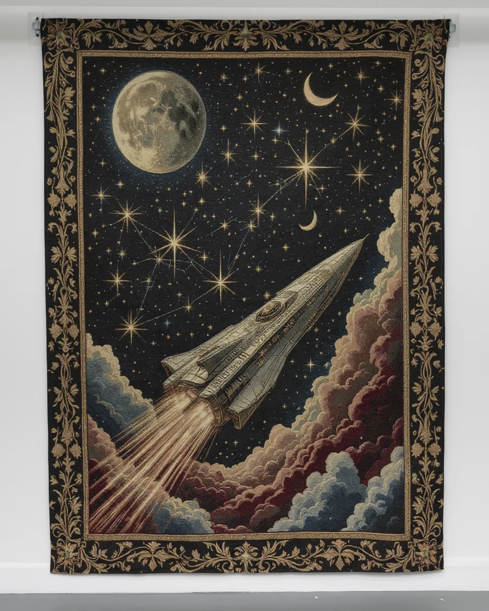 A woven tapestry shows an ornate rocket rising through clouds toward stars and a large moon, within a patterned border.