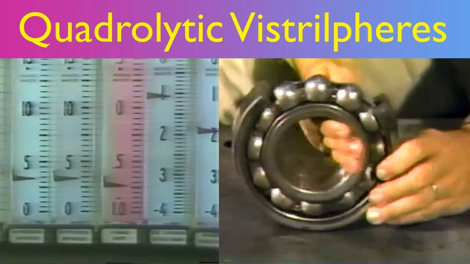 The title Quadrolytic Vistrilpheres in yellow above measuring scales and hands holding a large ball bearing.