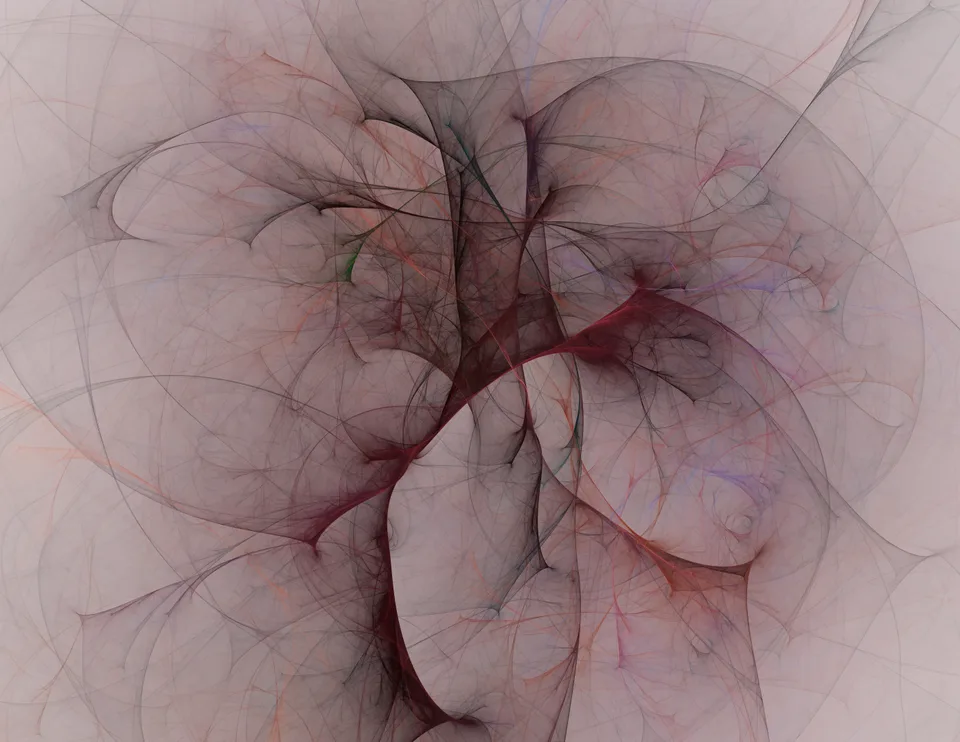 Thin dark red and black branching curves overlap in a loose central tangle against a muted pink-gray field.