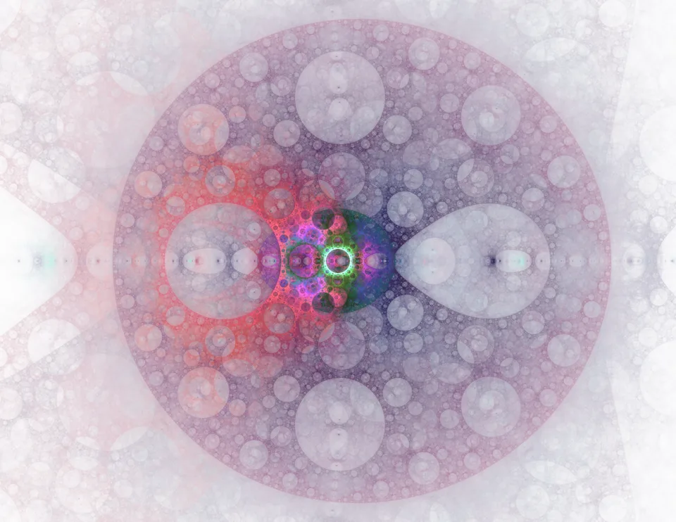 Pale circular forms fill a large pink and violet disk around a small, bright green and magenta center.